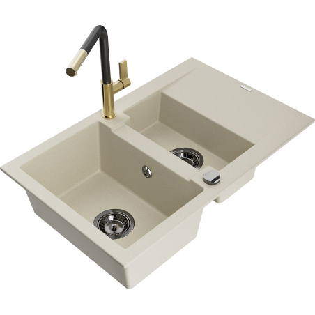 Mexen Gaspar 1.5-bowl granite sink with drainer and Flora kitchen faucet, beige - 6507-69-670401-57-B