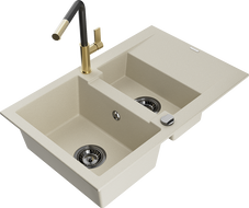 Mexen Gaspar 1.5-compartment granite sink with a drip tray and kitchen mixer tap Flora, Beige - 6507-69-670401-57-B