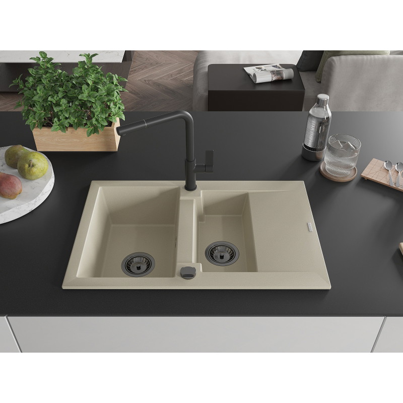 Mexen Gaspar granite sink 1.5-bowl with drainer and kitchen faucet Flora, beige - 6507-69-670401-70-B