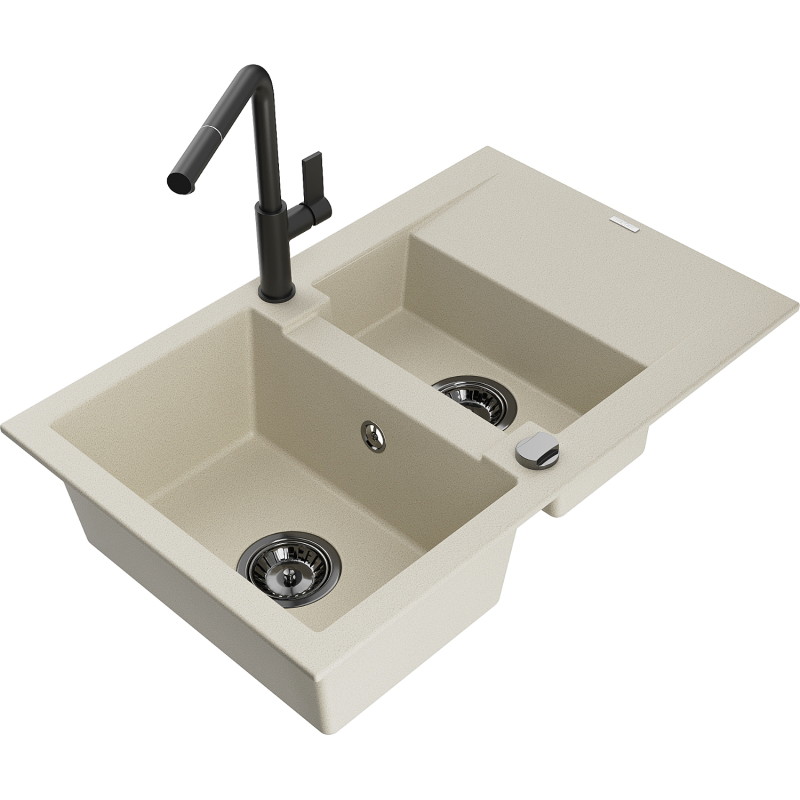 Mexen Gaspar 1.5-bowl granite sink with drainer and Flora kitchen tap, beige - 6507-69-670401-70-B