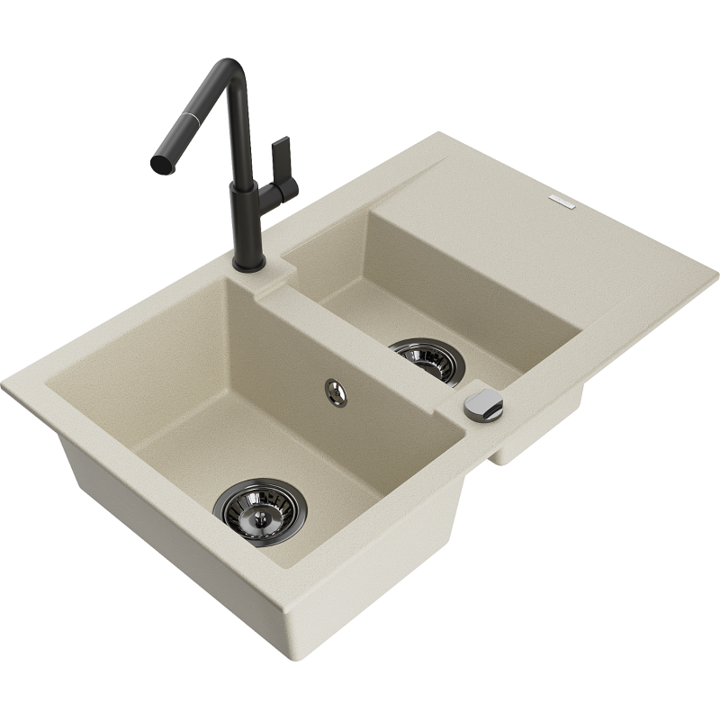 Mexen Gaspar 1.5-compartment granite sink with a drip tray and kitchen mixer tap Flora, Beige - 6507-69-670401-70-B