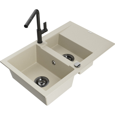Mexen Gaspar 1.5-compartment granite sink with a drip tray and kitchen mixer tap Flora, Beige - 6507-69-670401-70-B