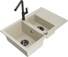 Mexen Gaspar 1.5-compartment granite sink with a drip tray and kitchen mixer tap Flora, Beige - 6507-69-670401-70-B