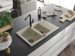 Mexen Gaspar 1.5-compartment granite sink with a drip tray and kitchen mixer tap Flora, Beige - 6507-69-670401-70-B