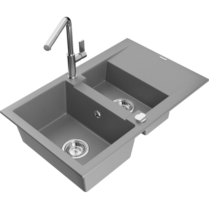 Mexen Gaspar 1.5-bowl granite sink with drainboard and Flora kitchen faucet, gray - 6507-71-670401-00