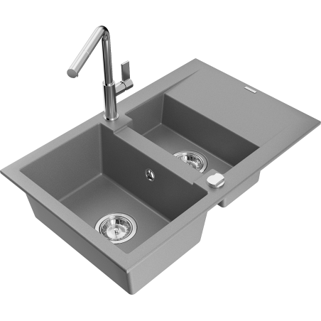 Mexen Gaspar 1.5-bowl granite sink with drainboard and Flora kitchen faucet, gray - 6507-71-670401-00