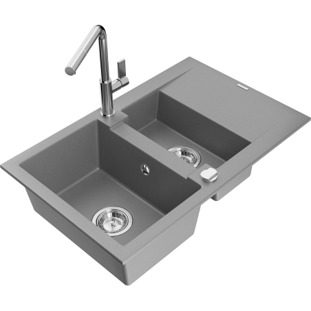 Mexen Gaspar 1.5-compartment granite sink with a drip tray and kitchen mixer tap Flora, Grey - 6507-71-670401-00