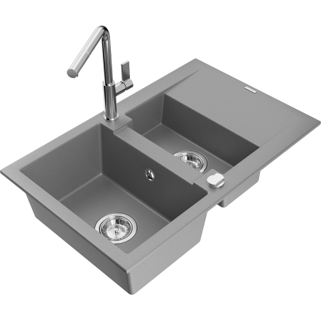 Mexen Gaspar granite sink with 1.5 bowl and drainer and Flora kitchen tap, grey - 6507-71-670401-00