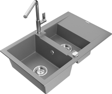 Mexen Gaspar 1.5-bowl granite sink with drainer and Flora kitchen faucet, gray - 6507-71-670401-00