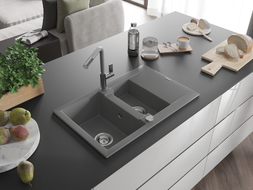 Mexen Gaspar 1.5-bowl granite kitchen sink with drainer and Flora faucet, gray - 6507-71-670401-06