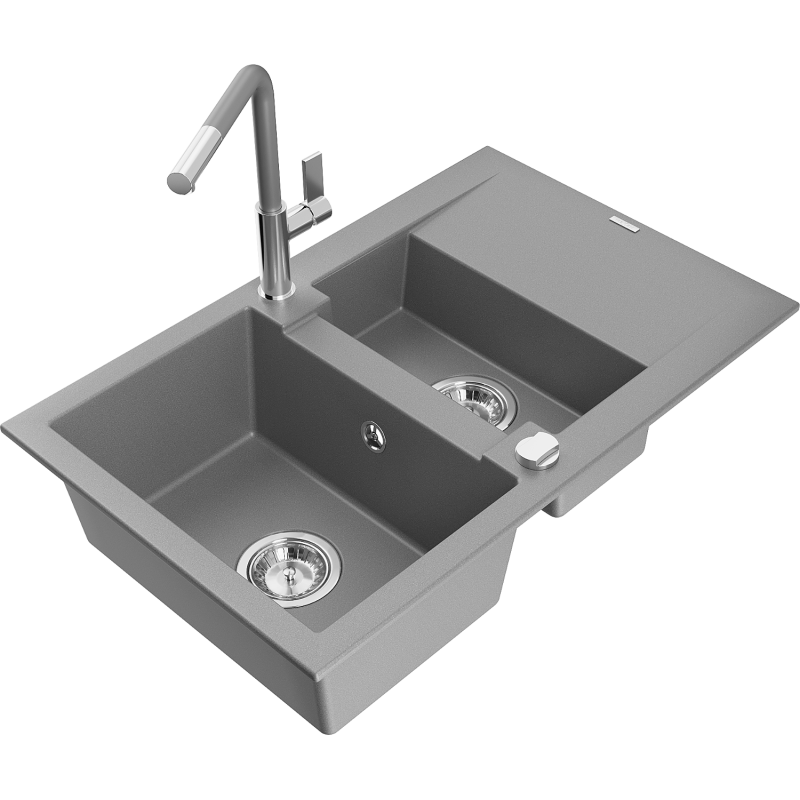 Mexen Gaspar Granite Sink 1.5-Basin with Drainer and Flora Kitchen Tap, Grey - 6507-71-670401-06