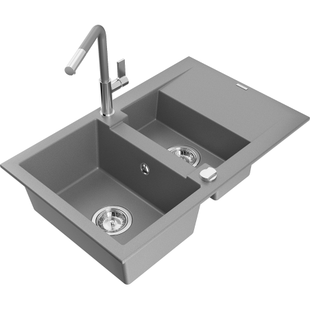 Mexen Gaspar 1.5-bowl granite kitchen sink with drainer and Flora faucet, gray - 6507-71-670401-06