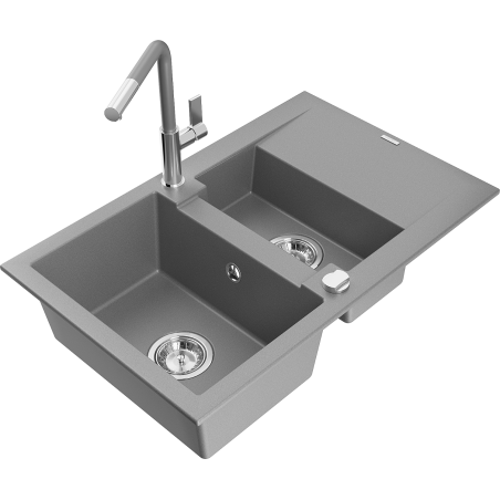 Mexen Gaspar Granite Sink 1.5-Basin with Drainer and Flora Kitchen Tap, Grey - 6507-71-670401-06