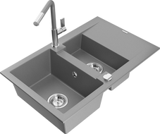 Mexen Gaspar 1.5-compartment granite sink with a drip tray and kitchen mixer tap Flora, Grey - 6507-71-670401-06