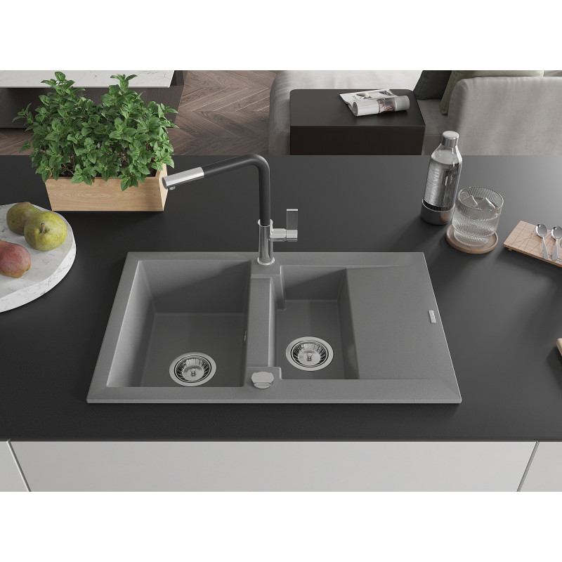 Mexen Gaspar 1.5-bowl granite sink with drainer and Flora kitchen faucet, gray - 6507-71-670401-07