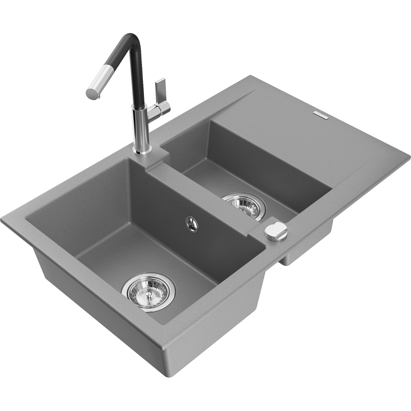 Mexen Gaspar granite sink 1.5-bowl with drainer and Flora kitchen tap, grey - 6507-71-670401-07