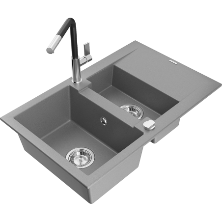 Mexen Gaspar 1.5-bowl granite sink with drainer and Flora kitchen faucet, gray - 6507-71-670401-07