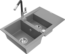 Mexen Gaspar 1.5-bowl granite sink with drainer and Flora kitchen faucet, gray - 6507-71-670401-07