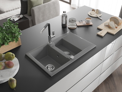 Mexen Gaspar granite sink 1.5-bowl with drainer and Flora kitchen tap, grey - 6507-71-670401-07