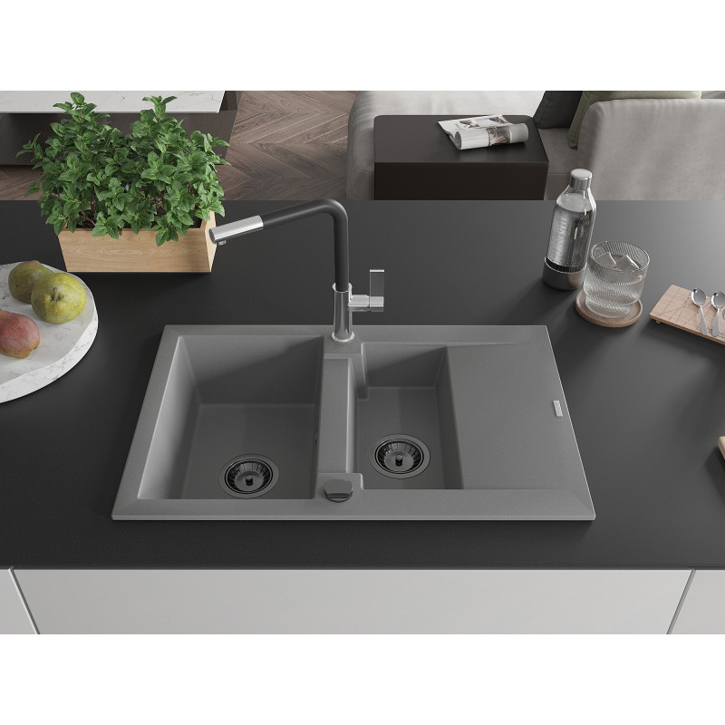 Mexen Gaspar granite kitchen sink 1.5-bowl with drainer and Flora kitchen faucet, gray - 6507-71-670401-07-B