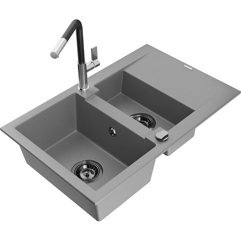 Mexen Gaspar granite sink 1.5-bowl with drainer and Flora kitchen faucet, gray - 6507-71-670401-07-B