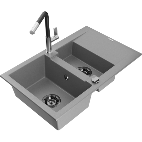 Mexen Gaspar granite kitchen sink 1.5-bowl with drainer and Flora kitchen faucet, gray - 6507-71-670401-07-B