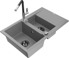 Mexen Gaspar granite kitchen sink 1.5-bowl with drainer and Flora kitchen faucet, gray - 6507-71-670401-07-B