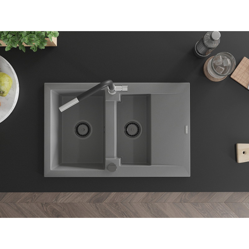 Mexen Gaspar granite kitchen sink 1.5-bowl with drainer and Flora kitchen faucet, gray - 6507-71-670401-07-B
