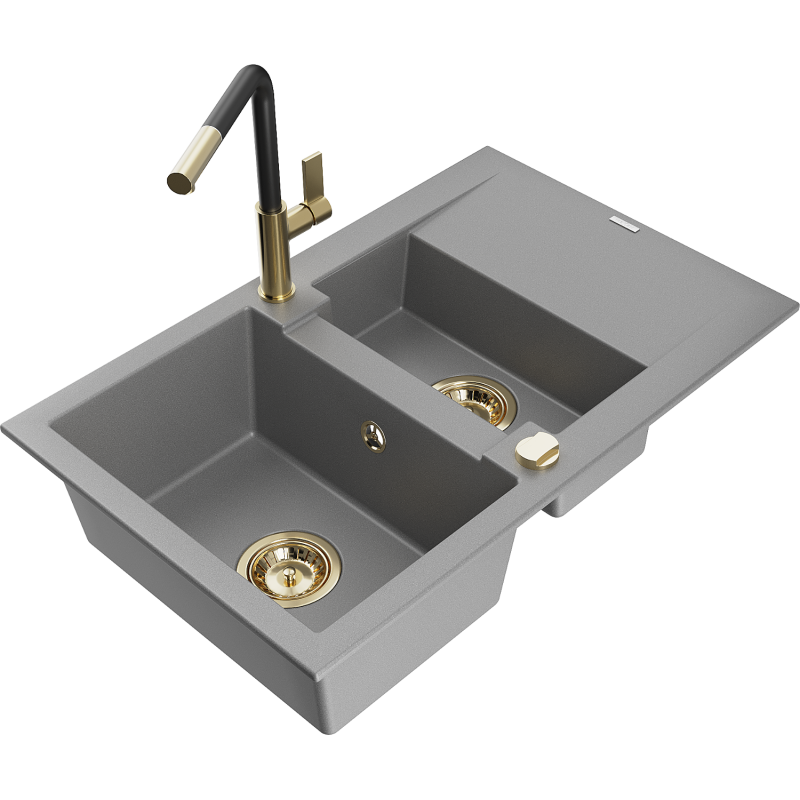 Mexen Gaspar 1.5-compartment granite sink with a drip tray and kitchen mixer tap Flora, Grey - 6507-71-670401-57-G