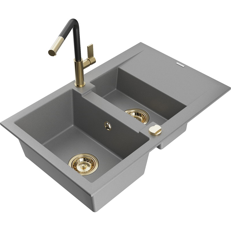 Mexen Gaspar granite kitchen sink 1.5-bowl with drainer and Flora kitchen faucet, gray - 6507-71-670401-57-G
