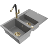 Mexen Gaspar 1.5-compartment granite sink with a drip tray and kitchen mixer tap Flora, Grey - 6507-71-670401-57-G