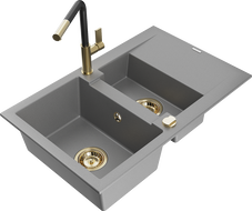 Mexen Gaspar granite kitchen sink 1.5-bowl with drainer and Flora kitchen faucet, gray - 6507-71-670401-57-G