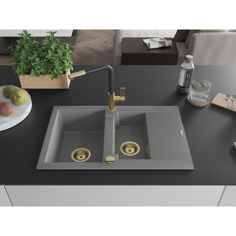 Mexen Gaspar granite kitchen sink 1.5-bowl with drainer and Flora kitchen faucet, gray - 6507-71-670401-57-G