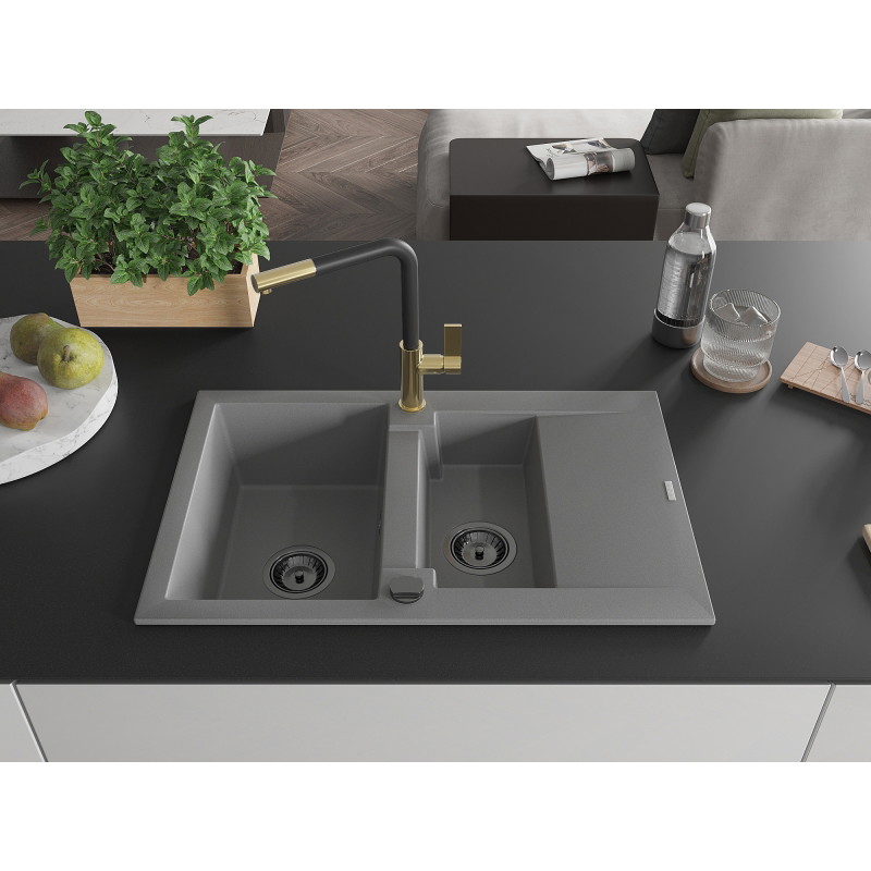 Mexen Gaspar 1.5-bowl granite sink with drainer and Flora kitchen faucet, gray - 6507-71-670401-57-B