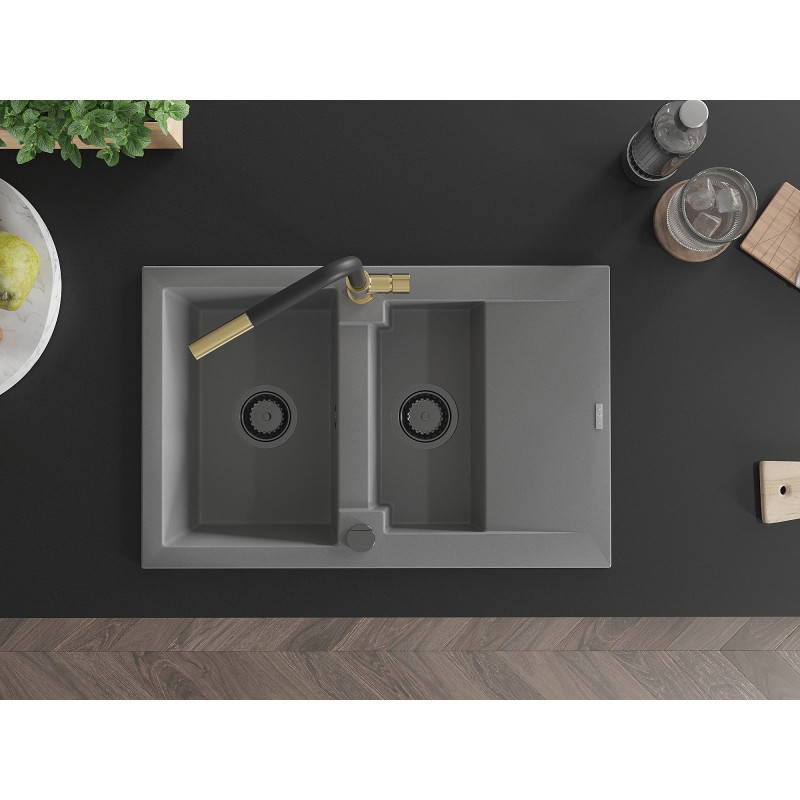 Mexen Gaspar granite sink 1.5-bowl with drainer and Flora kitchen faucet, gray - 6507-71-670401-57-B