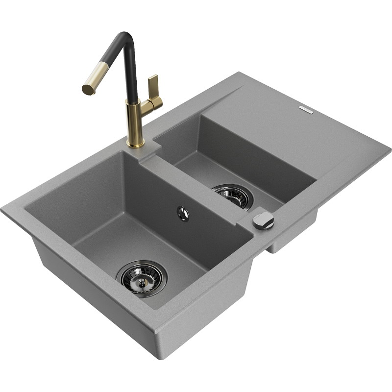 Mexen Gaspar granite sink 1.5-bowl with drainer and Flora kitchen faucet, gray - 6507-71-670401-57-B