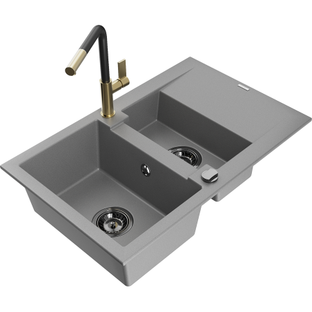Mexen Gaspar 1.5-bowl granite sink with drainer and Flora kitchen tap, grey - 6507-71-670401-57-B