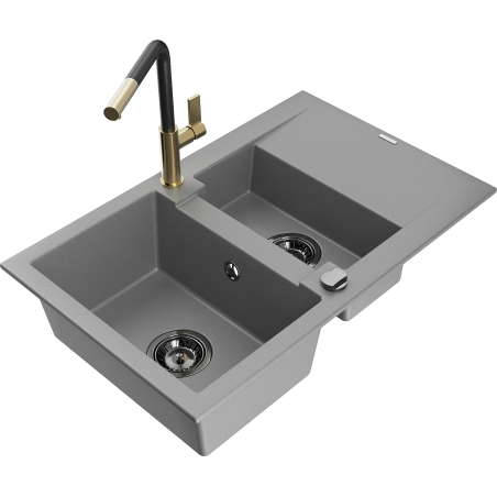 Mexen Gaspar 1.5-compartment granite sink with a drip tray and kitchen mixer tap Flora, Grey - 6507-71-670401-57-B