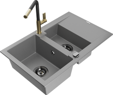 Mexen Gaspar 1.5-compartment granite sink with a drip tray and kitchen mixer tap Flora, Grey - 6507-71-670401-57-B