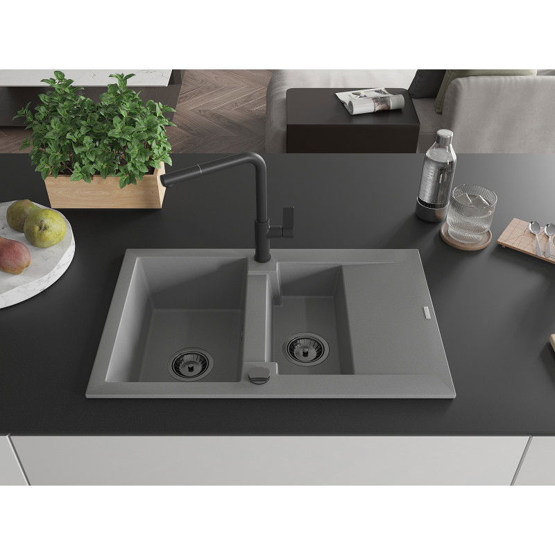 Mexen Gaspar granite sink 1.5-bowl with drainer and Flora kitchen tap, grey - 6507-71-670401-70-B