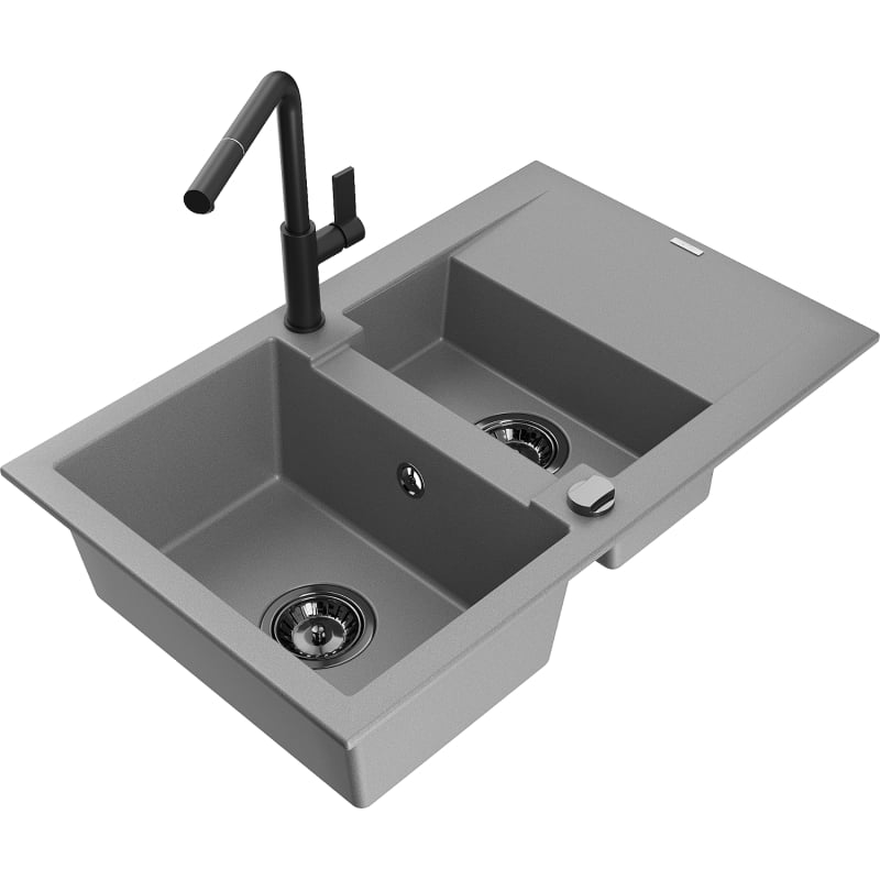 Mexen Gaspar granite sink 1.5-compartment with drainer and Flora kitchen faucet, gray - 6507-71-670401-70-B