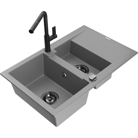 Mexen Gaspar 1.5-compartment granite sink with a drip tray and kitchen mixer tap Flora, Grey - 6507-71-670401-70-B