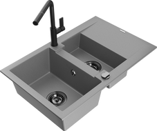 Mexen Gaspar 1.5-compartment granite sink with a drip tray and kitchen mixer tap Flora, Grey - 6507-71-670401-70-B