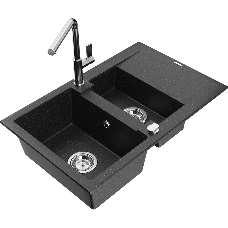 Mexen Gaspar 1.5-bowl Granite Sink with Drainer and Flora Kitchen Faucet, Black/Silver - 6507-73-670401-00