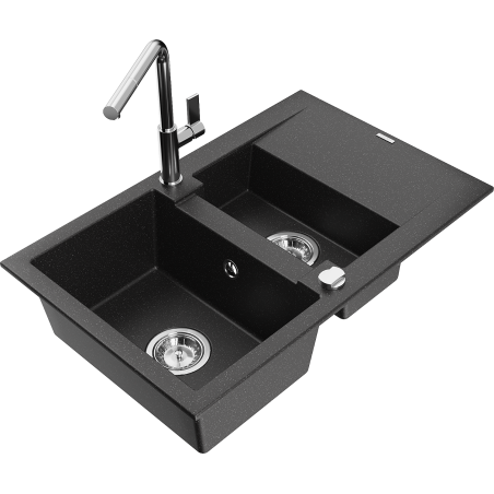 Mexen Gaspar 1.5-compartment granite sink with a drip tray and kitchen mixer tap Flora, Black/Silver - 6507-73-670401-00