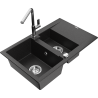 Mexen Gaspar granite sink 1.5-bowl with drainer and Flora kitchen tap, black/silver - 6507-73-670401-00