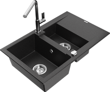 Mexen Gaspar 1.5-compartment granite sink with a drip tray and kitchen mixer tap Flora, Black/Silver - 6507-73-670401-00