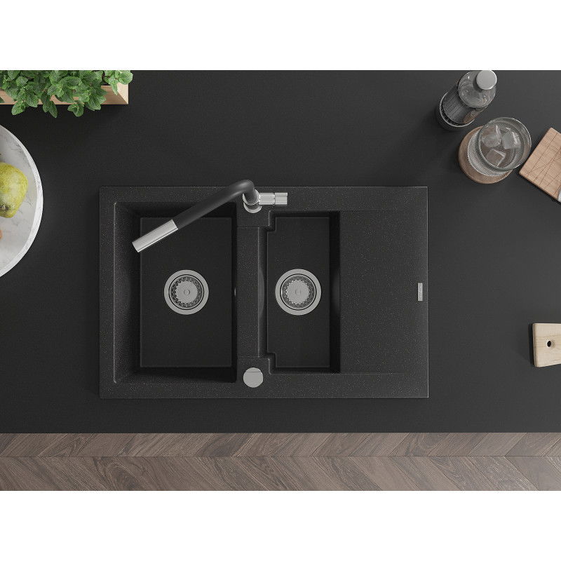 Mexen Gaspar 1.5-bowl granite sink with drainer and Flora kitchen tap, black/silver - 6507-73-670401-07