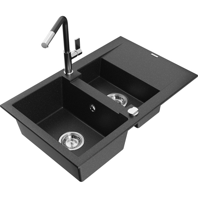 Mexen Gaspar granite sink 1.5-bowl with drainer and Flora kitchen faucet, black/silver - 6507-73-670401-07