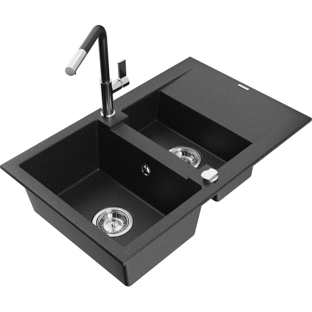 Mexen Gaspar granite sink 1.5-bowl with drainer and Flora kitchen faucet, black/silver - 6507-73-670401-07